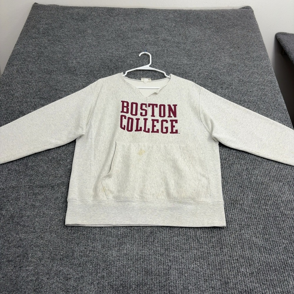 Boston College Champion Sweatshirt Mens M Grey Reverse Weave Cut Neck Distressed